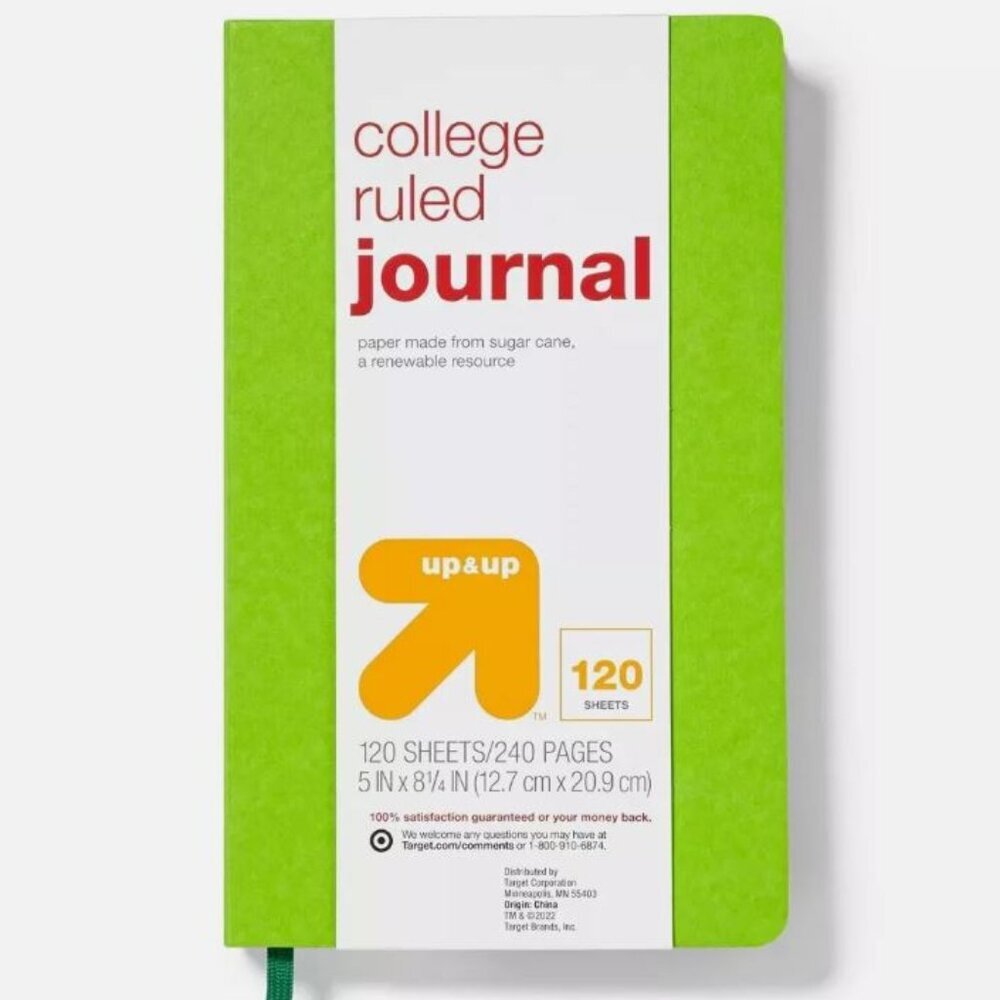 NWT College Ruled Journal (Up & Up) 120 Sheets Hard Cover Green w/Back Pkt (D40)